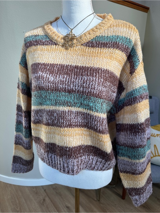 Billabong Sweaters - Billabong So Spaced Out boxy cropped crewneck striped multicolor sweater